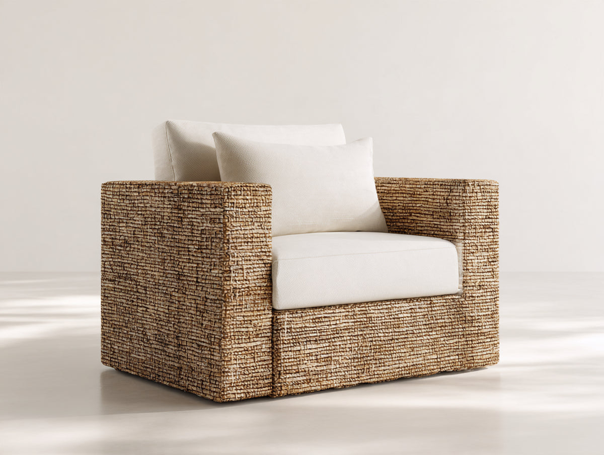 Fauteuil de jardin - Fibre tressée-Tissu - 90x87x79 cm - Brun naturel-Ivoire - Style organique