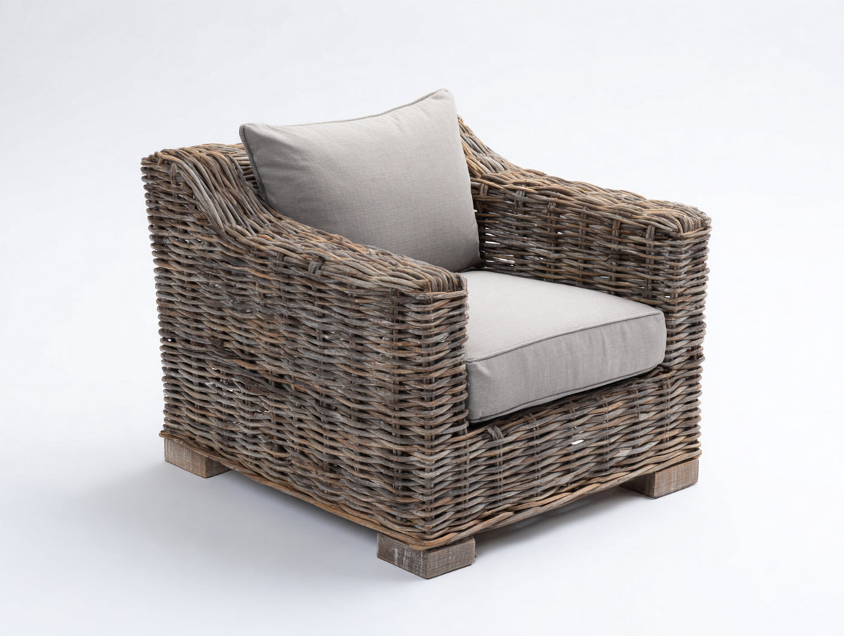 Fauteuil de jardin - Résine tressée-Tissu - 88x84x80 cm - Brun grisé-Gris clair - Style naturel