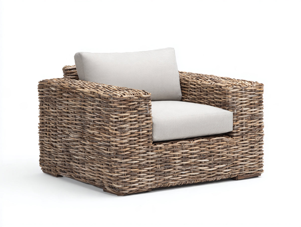 Fauteuil de jardin - Fibre tressée-Tissu - 93x88x80 cm - Brun grisé-Écru - Style rustique