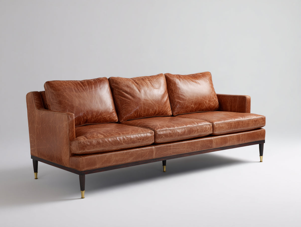 Canapé 3 places - Cuir - 218x90x82 cm - Cognac - Style moderne rétro