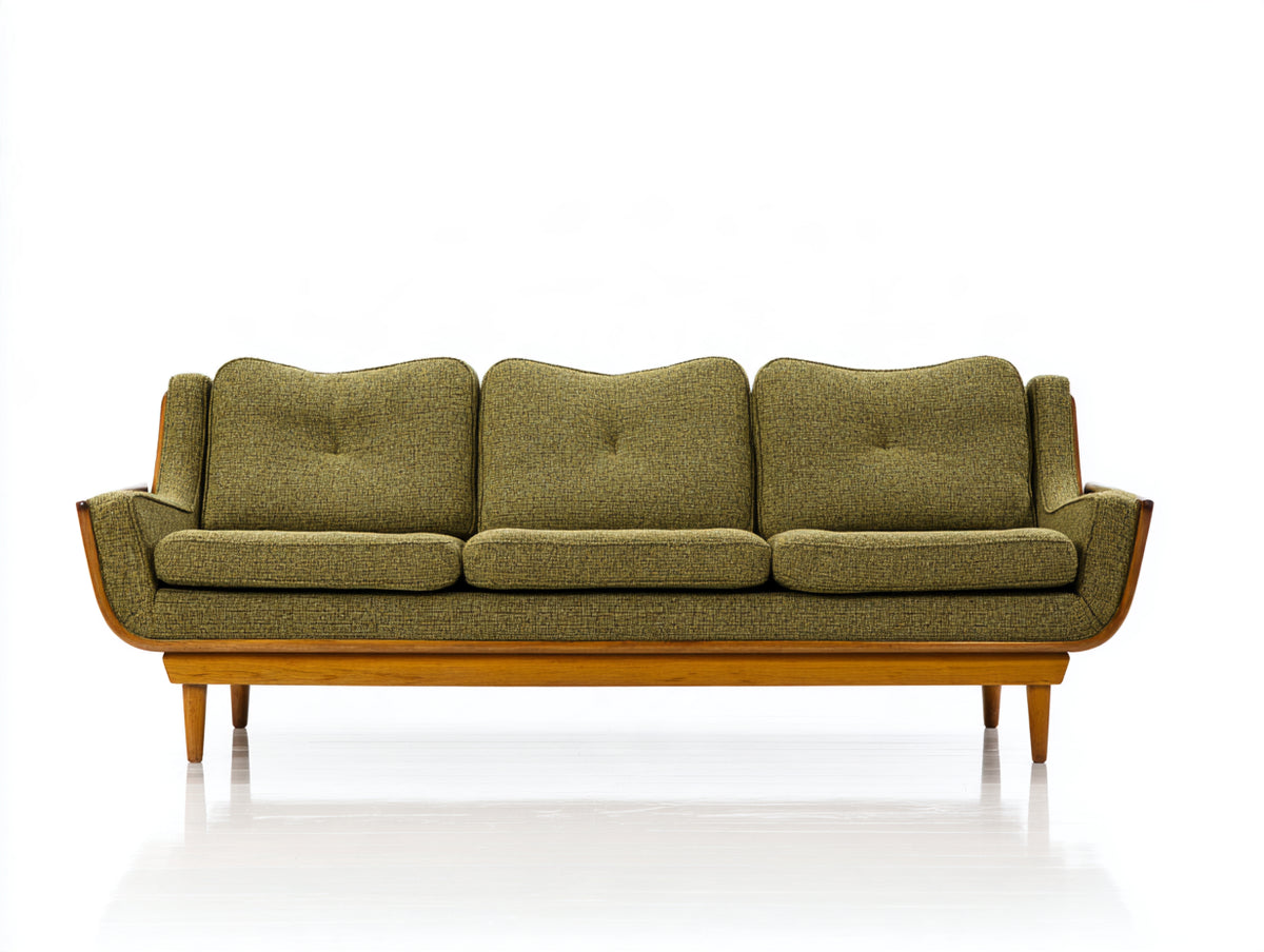 Canapé 3 places - Tissu-Bois - 204x85x86 cm - Vert olive foncé-Bois miel - Style milieu du siècle