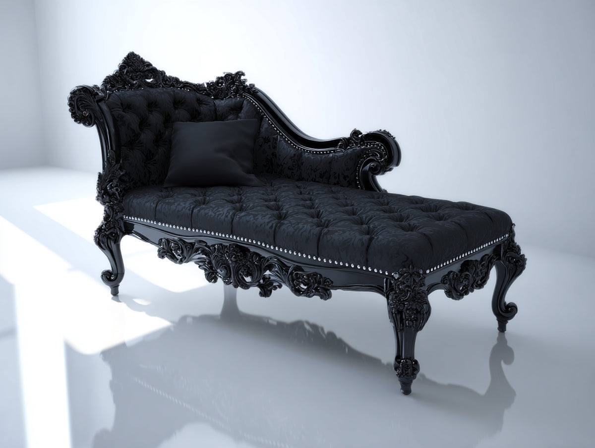 Chaise longue - Tissu-Bois - 198x82x110 cm - Noir - Style baroque