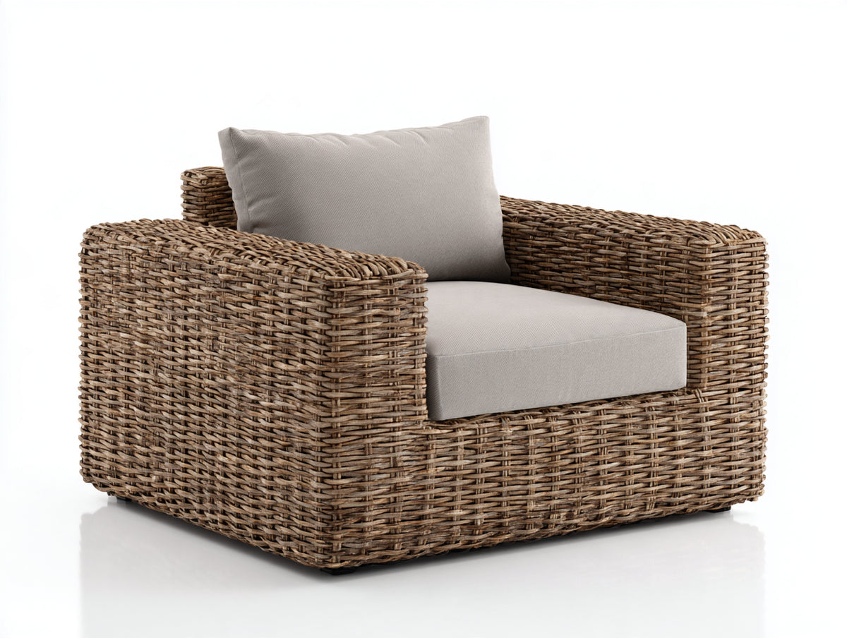Fauteuil de jardin - Fibre tressée-Tissu - 95x91x79 cm - Brun naturel-Gris clair - Style rustique