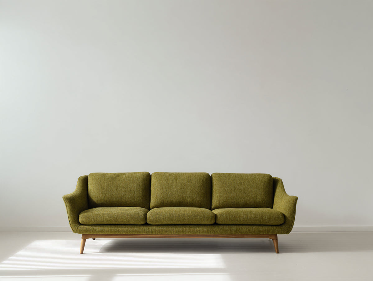 Canapé 3 places - Tissu-Bois - 208x86x82 cm - Vert olive-Bois naturel - Style scandinave rétro