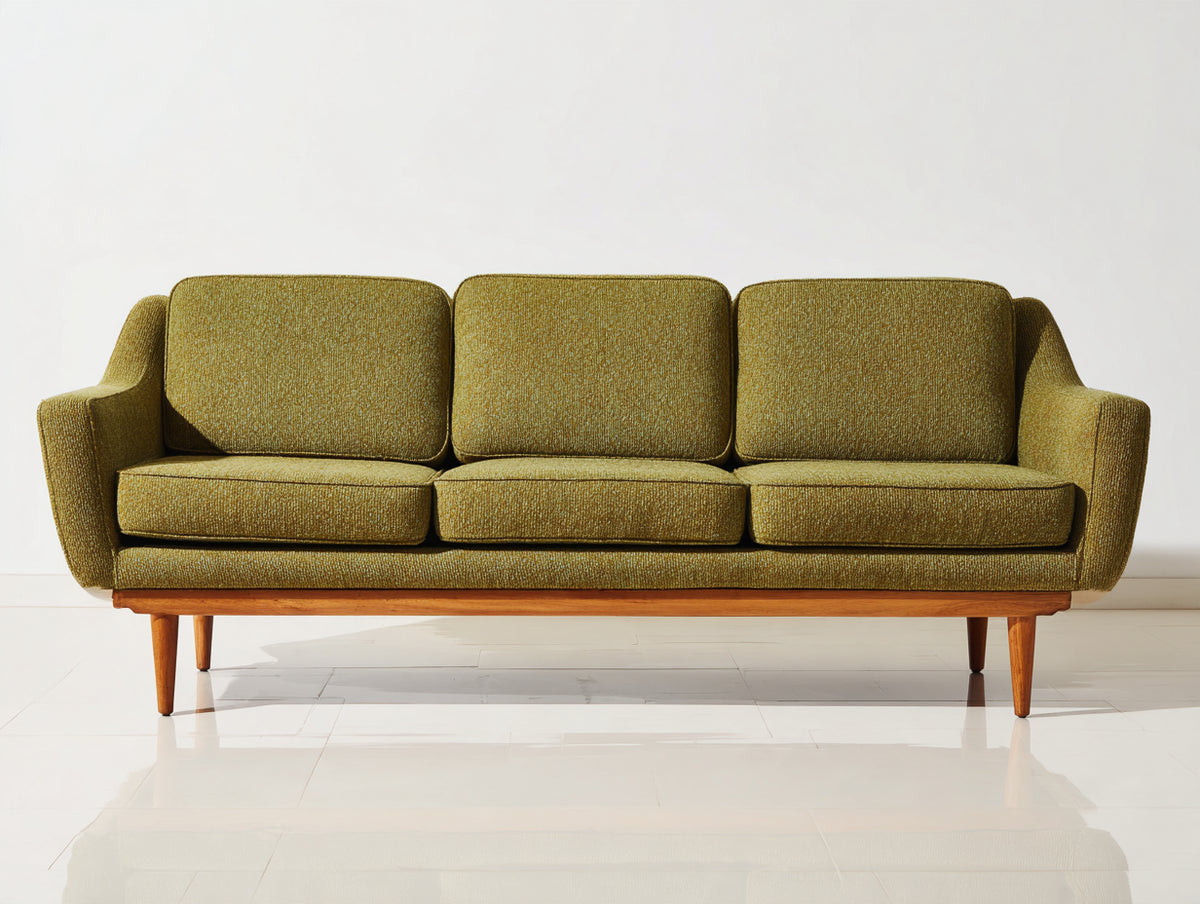 Canapé 3 places - Tissu-Bois - 215x90x85 cm - Vert moutarde-Bois noyer - Style vintage scandinave