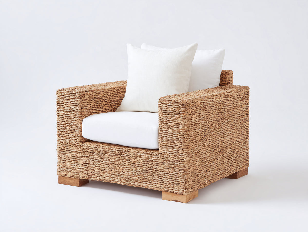 Fauteuil de jardin - Fibre tressée-Tissu - 92x88x81 cm - Naturel-Blanc - Style bohème