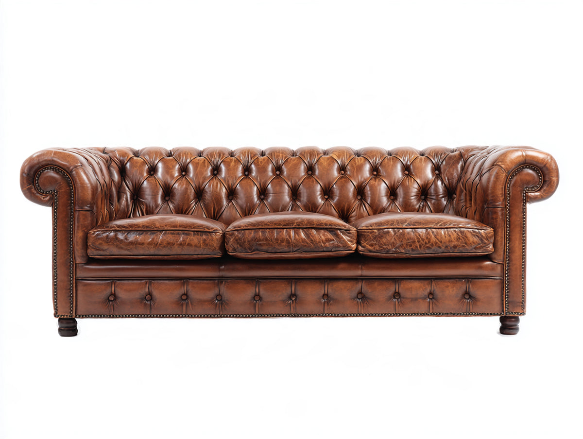 Canapé 3 places - Cuir - 224x96x78 cm - Marron cognac - Style Chesterfield vintage