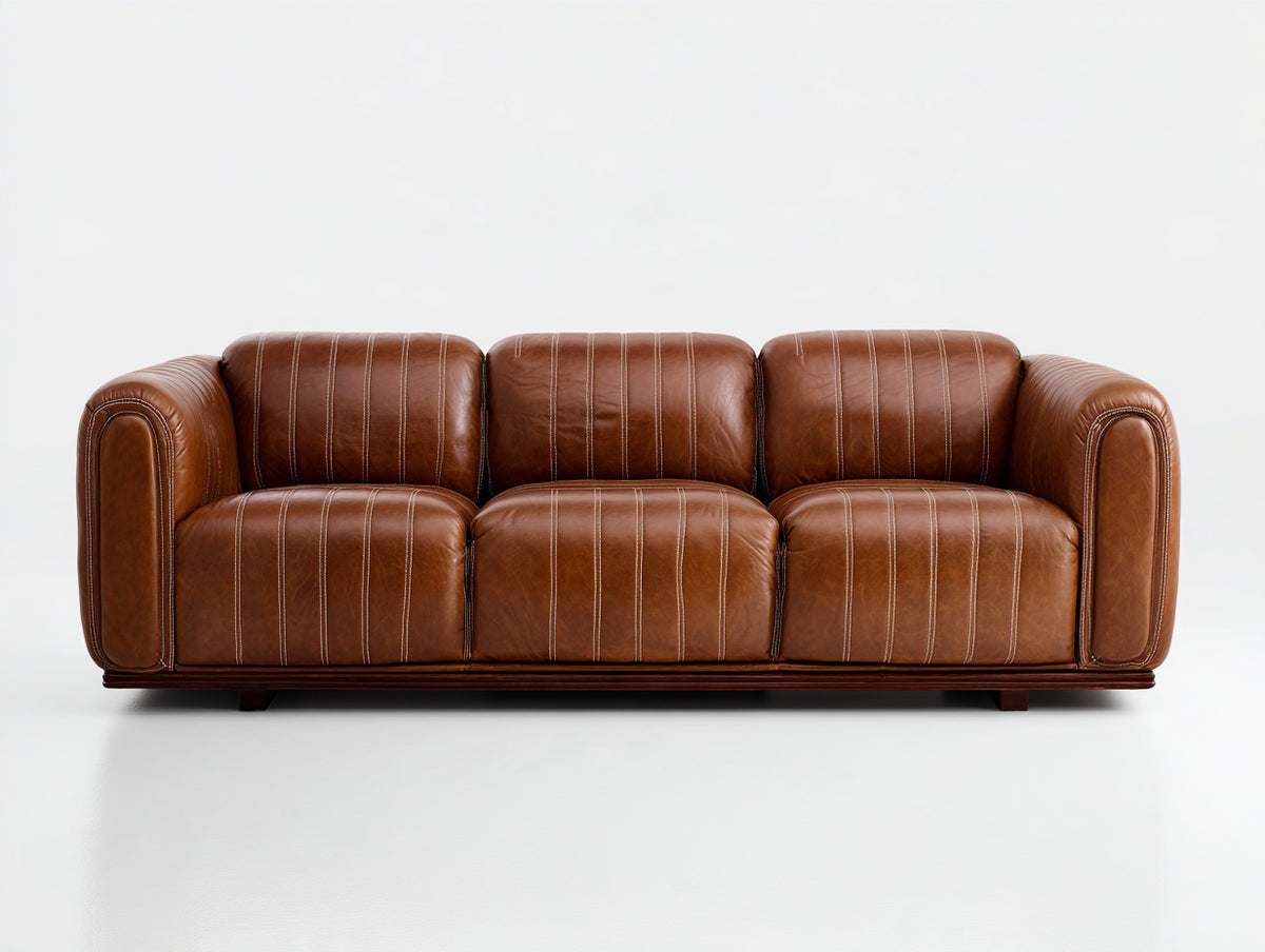 Canapé 3 places - Cuir - 219x95x82 cm - Brun cognac - Style vintage