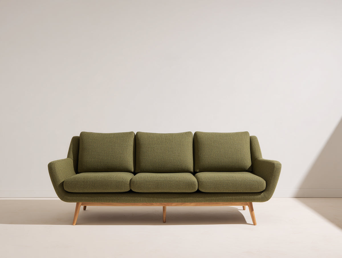 Canapé 3 places - Tissu-Bois - 212x89x84 cm - Vert mousse-Bois clair - Style moderne organique