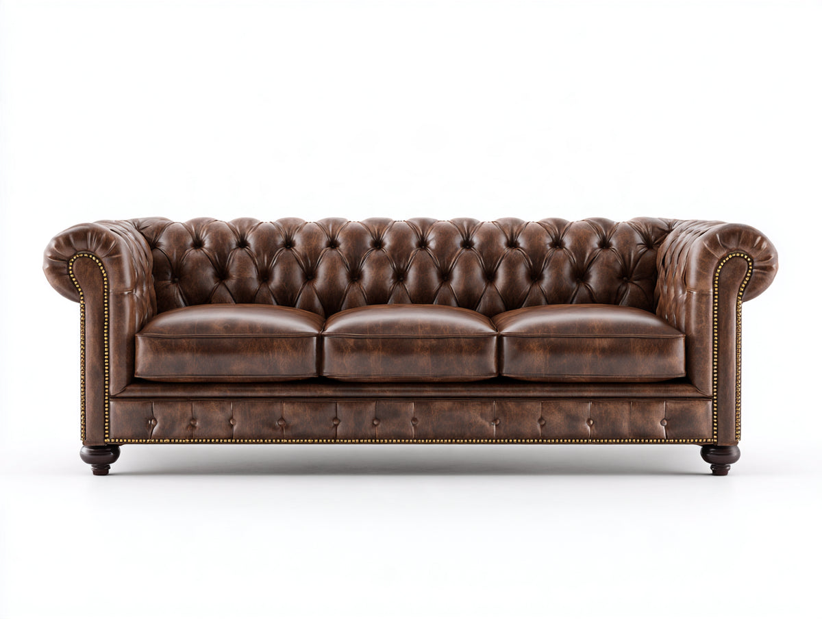 Canapé 3 places - Cuir - 220x94x76 cm - Brun chocolat - Style Chesterfield classique