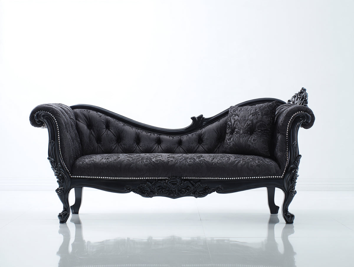 Chaise longue - Tissu-Bois - 192x78x104 cm - Noir - Style baroque