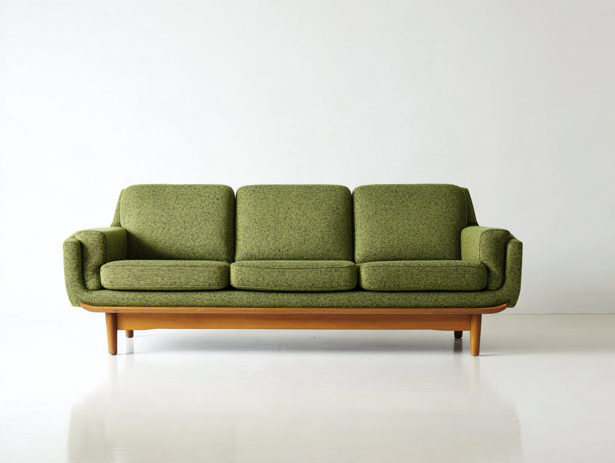 Canapé 3 places - Tissu-Bois - 209x88x83 cm - Vert olive-Bois naturel - Style rétro moderne